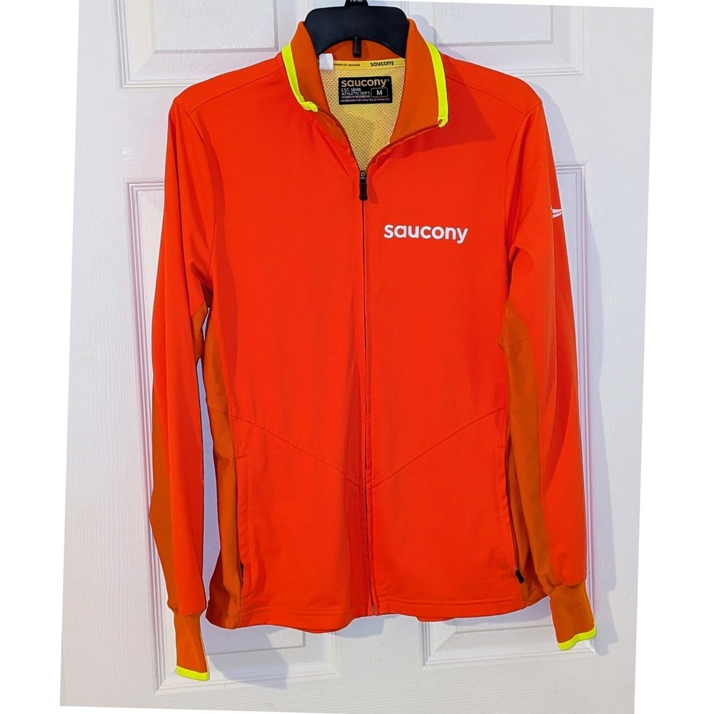 Saucony Mens Medium Orange Neon Yellow Full Zip Running Jacket Thumbholes Mesh